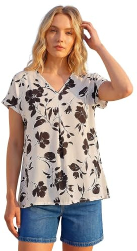 Roman Originals Leaf V Neck Stretch Jersey Top for Women UK Ladies Pleated Shirt Notch V Neck Blouse Summer Tunic Pull-On Soft Evening Holiday Work Party Everyday - Noir Floral - Size 12