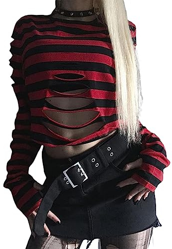 SANSIWU Women's Gothic Distressed Crop Tops Vintage Punk Long Sleeve Round Neck Striped Print T-Shirts Halloween Grunge Clothes (Red, XL)