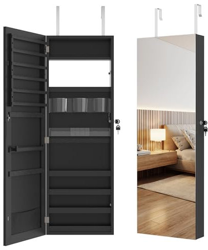 Froadp 2-in-1 Schmuckschrank Hängend Wandmontage Abschließbarer Spiegelschrank Spiegel Schmuckschrank 107,5 x 36,5 x 9,5 cm Schmuckaufbewahrung Wandschrank, Schwarz