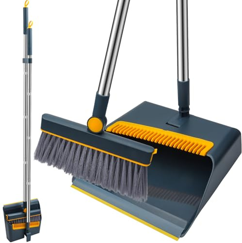 LHNNDM Long Handled Dustpan and Brush Set, Broom and Dustpan with Comb Teeth, 180 Degree Rotating Sweeping Brush, Ideal for Indoor Outdoor Home Kitchen Office & Pet Hair Cleanup (blue)