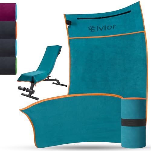 Elvior Fitness Handtuch - 120x50cm Sporthandtuch - rutschfest Gym Handtuch aus Mikrofaser mit Reißverschlusstasche für Fitnessstudio, Yoga und Sport (Marineblau/Orange)