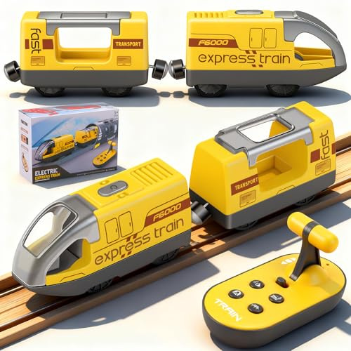 Set Treno Elettrico per Bambini, Locomotiva ad Azione a Batteria, Telecomandato Auto Giocattolo da Pista, Compatibile con Brio Thomas Railway, Set Treno Scatola Regalo per Doni Natalizi (Giallo)