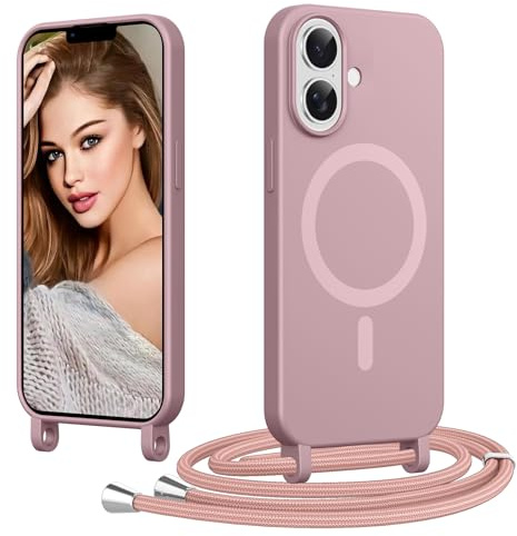 Coiwxmoi Funda Magnética para iPhone 17 con Cuerda, Carcasa con Correa Collar Colgante Suave TPU Silicona Case Cordón Anti-Choque para iPhone 17, Rosa