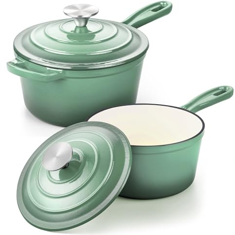Leonyo 1Qt & 2Qt Saucepan Set, Cast Iron Dutch Oven Pot, Pistachio Green | For All Cooktops Cooking Pasta, Milk, Oatmeal - Up to 500°F & Nonstick