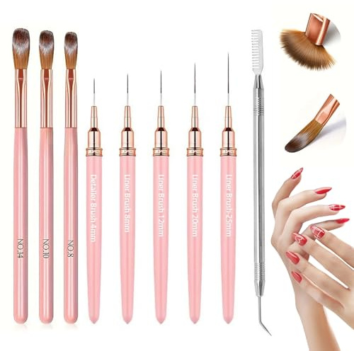 9 Pcs Acrylic Nail Brush Set, Acrylic Brushes for Nails (Sizes 8/10/14), Nail Art Liner Brushes (Sizes 4/8/12/20/25) with Eyelash Separator Comb, Nails Art Supplies for 3D Carving & Detailing Design
