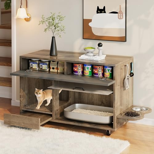 Kelodan Katzenkloschrank 100×45.5×67cm – Bewegbarer Katzentoilettenschrank mit Katzenfuttertellern, Sandauffangschale, Lochplatte mit Hakenlöchern, ohne Katzenklo.