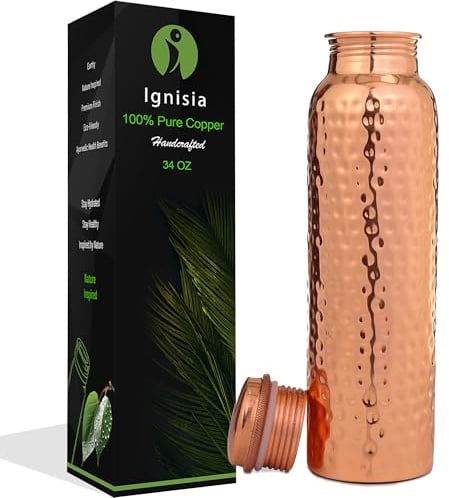 Ignisia Copper Water Bottle 34oz - 100% pure copper water bottle for drinking | eco-friendly | lab tested | Leak-Proof | Handcrafted Ayurvedic for Health & Wellness Hammered
