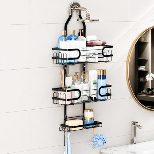 Trlyane Étagère Douche à Suspendre, Porte-Savon et Crochets, Noir | Étagère Douche sans Perçage, Rangement Salle de Bain avec 3 Patins Adhésifs, pour Gel Douche, Shampoing et Accessoires