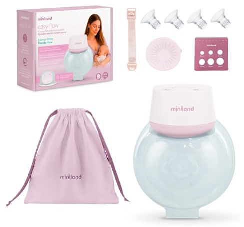 Miniland Sacaleches Eléctrico Portátil y Manos Libres, Extractor de Leche Materna, 5 Tallas de Ajuste (15-24mm), Eficiencia y Adaptabilidad, Pantalla LED, BPA Free, 180ml | Easy Flow