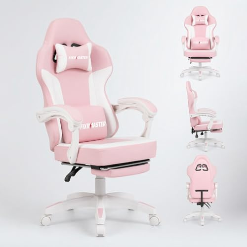 Fiximaster Sedia Gaming Ergonomica, Poltrona da Ufficio Reclinabile 135° con Poggiapiedi Estraibile, Braccioli Collegati e Carico 150kg, Sedia Gamer in Pelle PVC con Ruote PU Silenziose per PC, Rosa