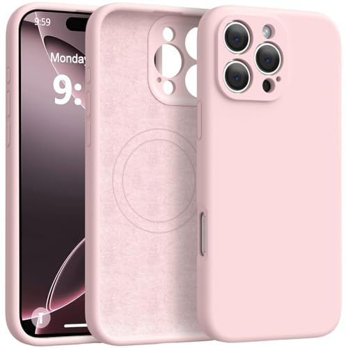 AMITOME Magnetic Liquid Silicone Phone Case for iPhone 12 Pro 6.1 Inch，Compatible with MagSafe，[Full Camera Protection][Soft Anti-Scratch Microfiber Lining] Shockproof Protective Case-Pink