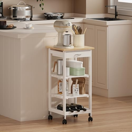 [en.casa] Servierwagen Biel Weiß/Holzfarben 76 x 37 x 37 cm Küchenwagen mit Schublade und 3 Ablagen Aufbewahrungsregal mit Rollen Beistellwagen Servierwagen mit Weinregal Natur