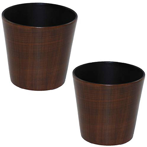 happy nature Set2 2 Keramik Übertöpfe Korfu mit Bali Holzdekor Ø 18,0 cm Höhe 17,0 cm