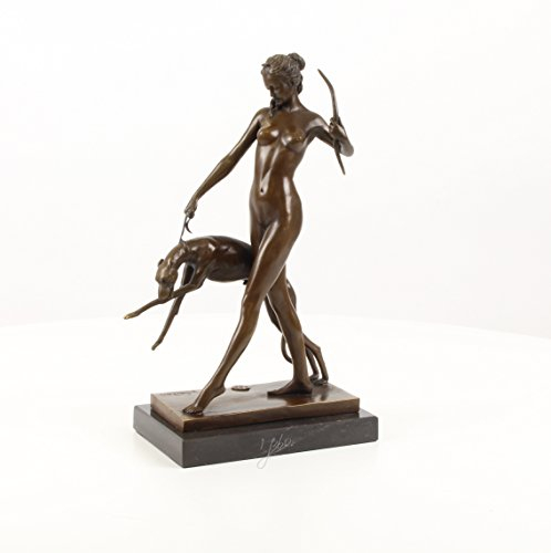 Decoratie Bronzefigur Skulptur Akt Jagdgöttin Diana mit Hund 31,3 cm