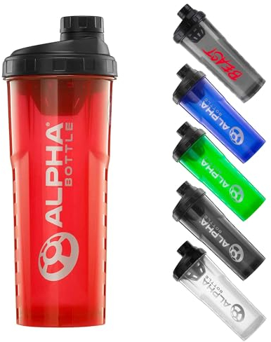 Alpha Designs | 1l Protein Shaker Bottle 1000ml Protein Shake Mixer | Leakproof Screw Cap | Red