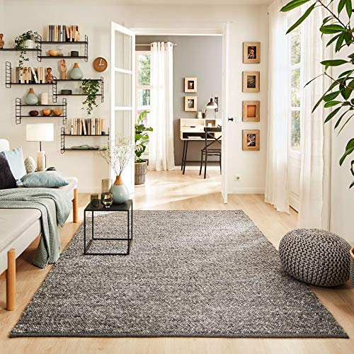 Steffensmeier Handwebteppich Rotach | Schurwolle Mit Fusselstopp, gewalkt, Anthrazit, handgewebt, Größe: 200x290 cm Wohnzimmer und Schlafzimmer