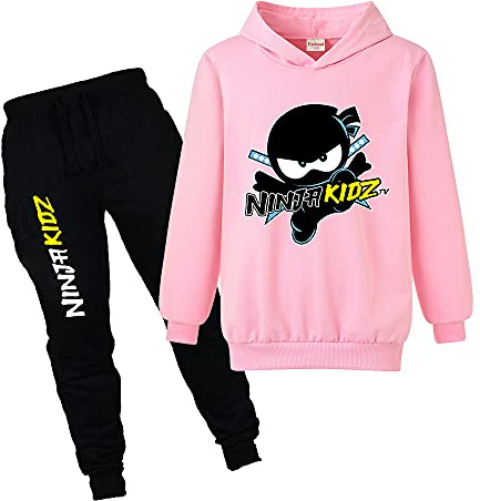 Forlcool Ninja Kidz Boy's Solid Color Hooded Sweater Suit Girls Casual Sports Hoodie and Trousers (Pink,11-12 Years,11 Years,12 Years)
