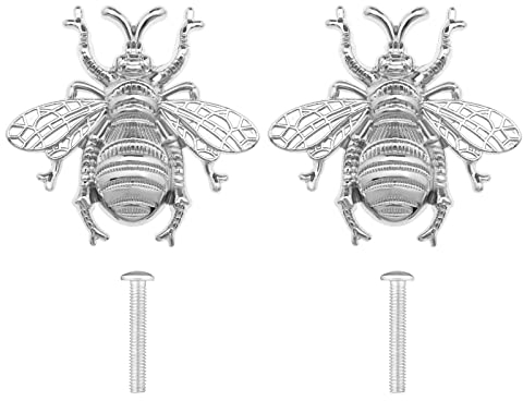 VGOL 2 x Metal Knobs with Bee Motif Pull Handles with Screws for Cupboard Wardrobe Kitchen Cupboard Door Chest of Drawers Silver