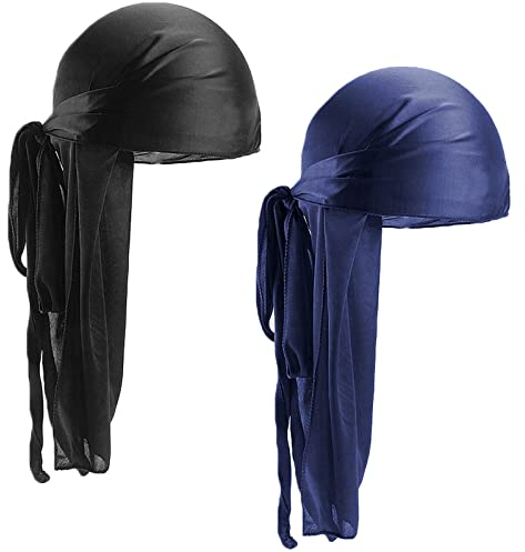2 Stücke Durag mit Langem Schwanz, Unisex Durag Men Silk Piraten Bandanas mit Langem Schwanz und Breiten Trägern für Männer Frauen die tägliche Hip-Hop-Dekoration (Schwarz+Marineblau)