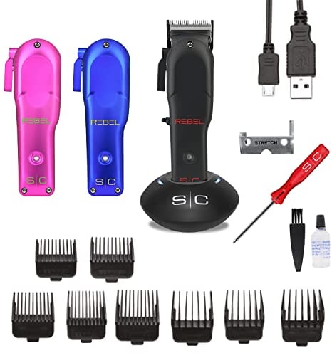 Tondeuse à Cheveux Professionnelle Stylecraft Rebel by Gamma Più, Clipper avec Moteur Rotatif, 120 Minutes d'autonomie sans fil, Lame Réglable, 8 Peignes, 3 Coques Interchangeables, Support de Lame