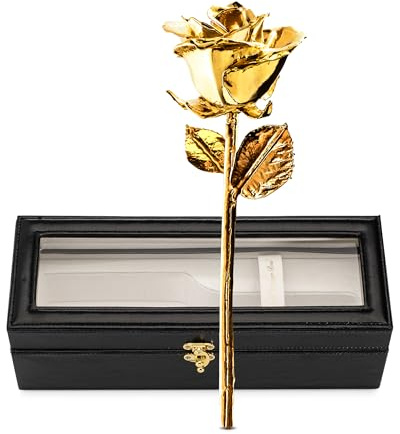 Forever Rose 24K Gold getauchte echte Rose - Handgefertigte, langlebige konservierte Blume im Lederetui - Romantisches Geschenk für Jahrestag, Valentinstag, Muttertag, Geburtstag, Hochzeit, Frau