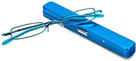 MMOWW Mini Metall Lesebrillen Damen Herren Federscharnier Klassische Klein Schmal Leicht Lesehilfe Sehhilfe Brillen mit Etui (Blau,+3,5)