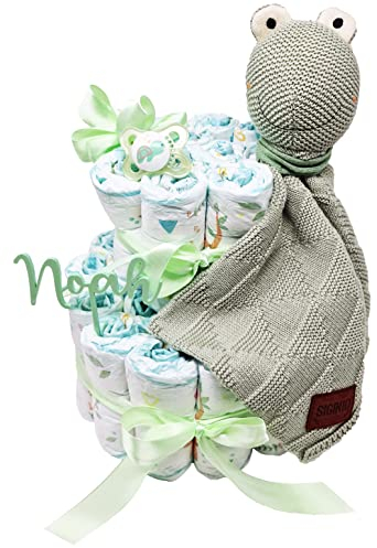 Elfenstall Windeltorte Pamperstorte mit Sigikid Strick-Schnuffeltuch personalisiert als Geschenk zur Geburt oder Taufe mit Namen des Babys (mint)