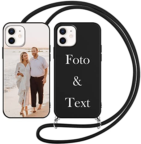Yoedge Handykette Personalisierte Handyhülle für Apple iPhone 12 Mini Hülle mit Band Kordel 5,4,Selbst Gestalten mit Foto Bild Text Individuelle Schutzhülle Schwarz Cover für iPhone 12 Mini Case