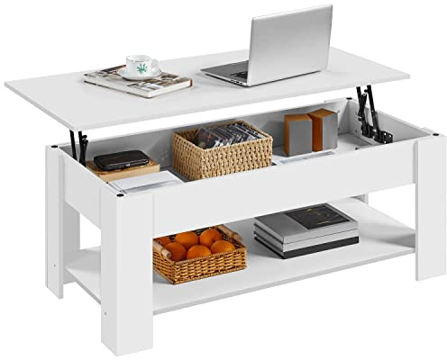 Yaheetech Mesa Centro Elevable con Estante Mesa Café con Revistero Mesita Baja de Moderno Grande para Salón 120 x 59 x 49,5 cm Blanco