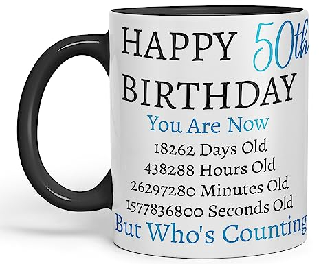 Vixar But Who's Counting Happy 50th Birthday Ceramic Coloured Mug Cup Gift Days Hours Minutes (Blue) (Black)