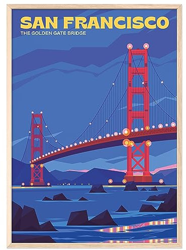 JUNOMI® San Francisco Poster | DIN A2 Wohnzimmer Deko, Modernes Wandbild, USA Poster, Reiseposter, Golden Gate Bridge | Mit Rahmen Natur
