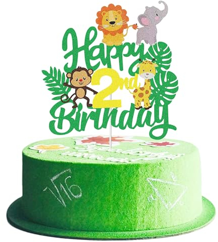Joyeah Happy 2nd Birthday Jungle Animal Cake Topper Jungle Animals Cake Decoration Two Wild Forest Theme Lion Elephant Monkey Cake Topper for Baby Shower Birthday Party Decorations Supply