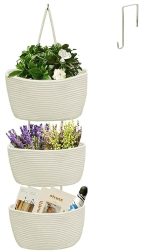 HechoVinen Cesta colgante para colgar sobre la puerta, cesta de almacenamiento tejida de cuerda de algodón para colgar en la pared para sala de estar, cocina, guardería