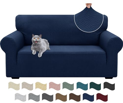 Ystyle Stretch Sofa Überzug 2 Sitzer, Sofabezug rutschfest Mit Armlehne, Elastische Couch Überzug Jacquard, Universal Sofa Cover Moderne, Sofaschoner Hund Katze Für Wohnzimmer, Dunkelblau