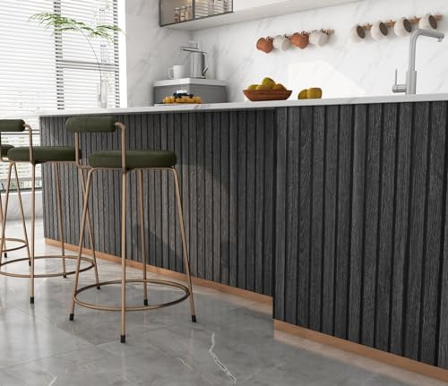 FunStick 60CM×5M Wood Effect Vinyl Self Adhesive Worktop Black Wallpaper for Bedroom Walls Kitchen Vinyl Wrap for Cupboards Worktop Peel and Stick Wood Slat Wallpaper Black Sticky Back Plastic