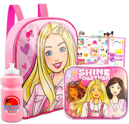 Disney Mini sac à dos Barbie pour filles – Ensemble avec sac à dos Barbie de 27,9 cm et boîte à déjeuner Barbie plus autocollants, bouteille d'eau, et plus encore | Sac à dos Barbie pour filles pour