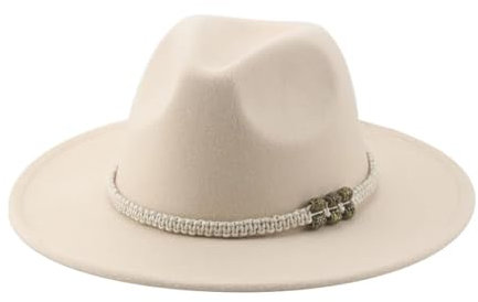 SOYNIA Fedora Trilby Filzhut Hut Hüte Für Damen Fedora Gefilzt Herrenhut Panama Lässig Vintage Western Cowboy Kette Breite Krempe 60–62 cm (XL) Beige