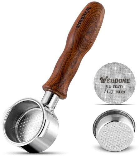 Siebträger ohne Boden, 51 mm, 2 Ohren, passend für Delonghi ECP3420/EC155/BCO430/EC260, Espresso-Zubehör mit Edelstahl, Massivholz und Puck-Sieb