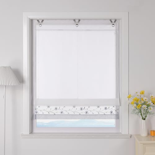 ESLIR Raffrollo Landhausstil Raffgardine ohne Bohren Weiß Gardinen Küche Transparent Bändchenrollo mit Ösen Wohnzimmer Grau BxH 45x150cm 1 Stück