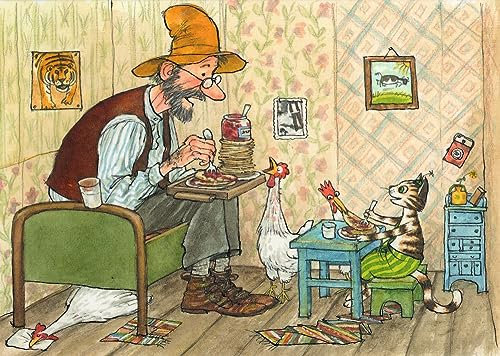Postkarte Pettersson und Findus: Pettersson und Findus essen Pfannkuchen