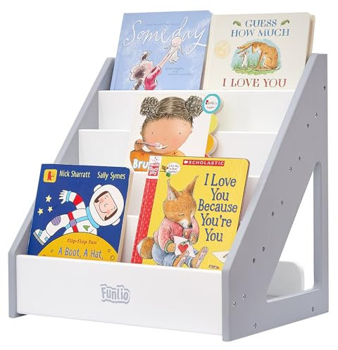 FUNLIO Montessori Bücherregal für Kleinkinder 1-5 Jahre, frontales Kinderbuchregal mit Griff und Kipp-Schutz, hochwertiges Kiefernbücherregal, Kinderbuchregal für Krippe/Klasse - Grau & Weiß