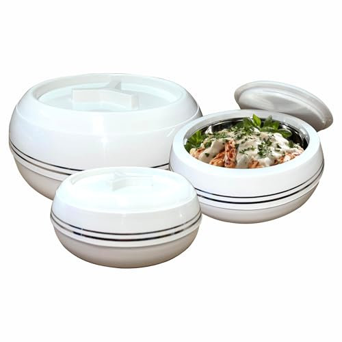 JMS we create smile (Set of 3) Insulated Casserole Set | BPA-Free & Leak-Proof Insulated Thermal Food Warmer Soup/Salad Serving Bowls for Home (White, 1200,1500,2500ML)