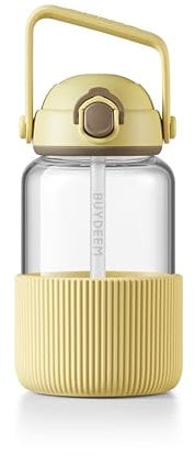 BUYDEEM DG78 - Borraccia in vetro da 0,8 l, portatile, con cannuccia, in vetro borosilicato ad alta resistenza al calore, ideale per i viaggi, colore giallo