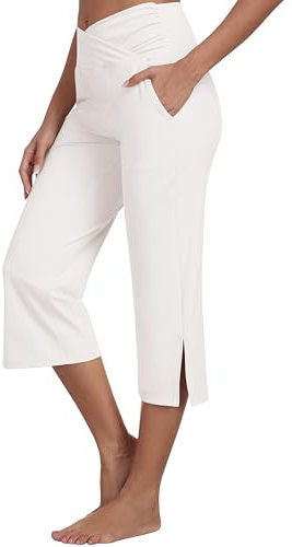 MoFiz Damen Caprihose Stretch Atmungsaktiv Yoga Sporthose Golfhosen Cross-Waist Flare Yogahosen Weiß EU 3XL