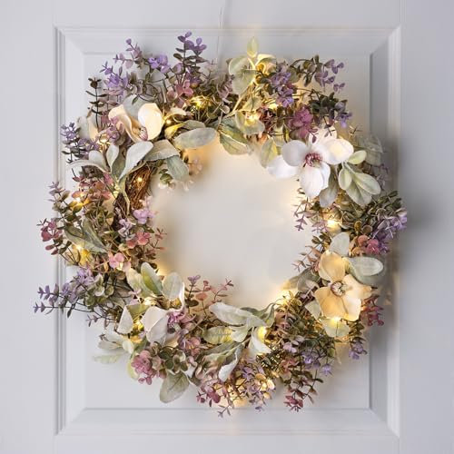 Lights4fun 60cm Oversized Pre-Lit Premium Artificial Spring Flower Wreath for Front Door and Indoor Wall with 50 Warm White LEDs Battery Operated with Timer – Elegant Spring & Summer Home Decoration