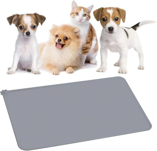 Dog and Cat Silicone Feeding Mat, Waterproof Pet Placemat and Non Slip Silicone Pet Feeding Mat for Food and Water Bowls (Grey)