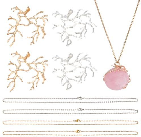 nbeads 4 Stk. Zweig Form Rohlinge Prong Anhänger, Lünetten-Anhänger-Tabletts mit 4 Stk. Edelstahl Halskette Ketten für DIY Crafts Schmuck machen, Gold und Silber