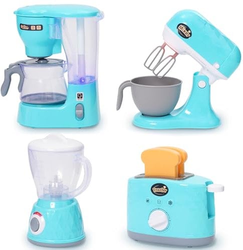 Juego de rol de Electrodomésticos de Cocina para Niños con Batidora, Cafetera, Licuadora y Tostadora con Luces y Sonidos Realistas, Juego de rol para Niños Pequeños de 3 Años en Adelante, Azul