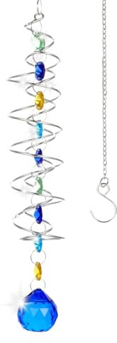 Tyqour Kristall Regenbogen Sonnenfänger Fenster Hängender-Sonnenfänger mit Doppelspirale mit Blau Kristallkugel Kette, Dekorativer Windspiel Sonnenfänger für Fenster Garten Party Hochzeit Dekoration