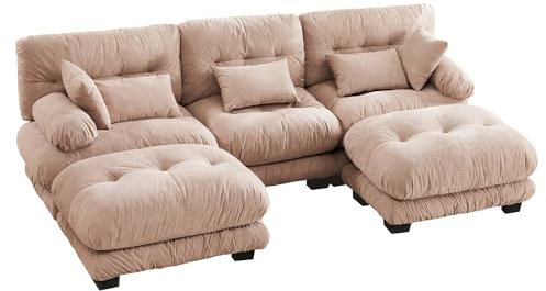 LIFEISLE Modulares Sofa U Form 300CM Breit, Groß 3 Sitzer Couch mit Fußstütze, 5-Sitzer-Wolkensofa, Chaise Lounge Ecksofa Liegensofa für Wohnzimmer, Khaki